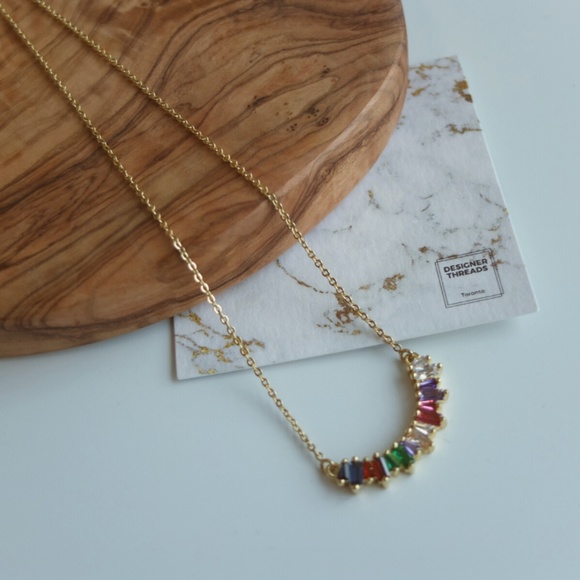 Rainbow Curve Crystal Bar Pendant Necklace - Picture 6 of 11